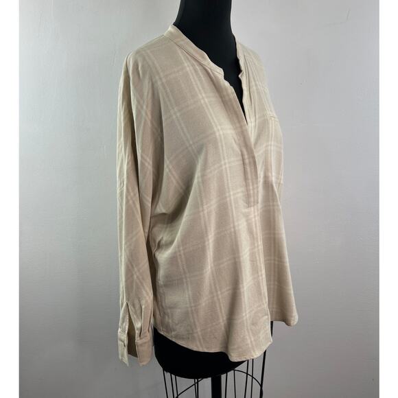 VINCE Beige Top Wool Stretch Plaid Drop Shoulder Split Neck Pullover Sz Medium M - Picture 4 of 11